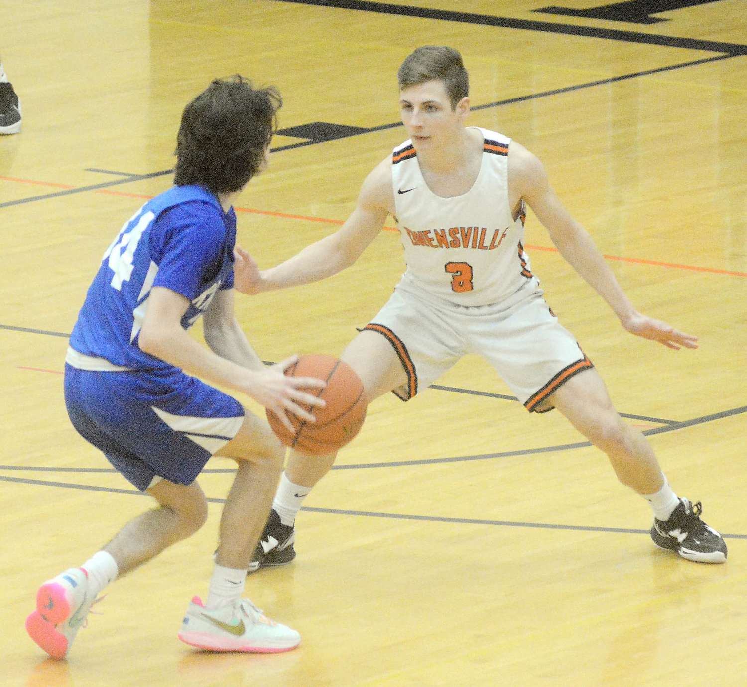 Austin Luecke (above, right) assumes his defensive stance late Friday afternoon guarding Isiah Tucker during the seventh-place game of the 34th Owensville Varsity Boys Basketball Tournament presented by The Maries County Bank. Luecke and his Dutchmen teammates went on to defeat the St. Louis JV Blue Knights 72-49. Hosting Steelville’s Cardinals last night (Tuesday) OHS will have nine days to prepare for the trip to Frontenac, Ks., and the Kansas National Guard Basketball Tournament from Jan. 19-21.